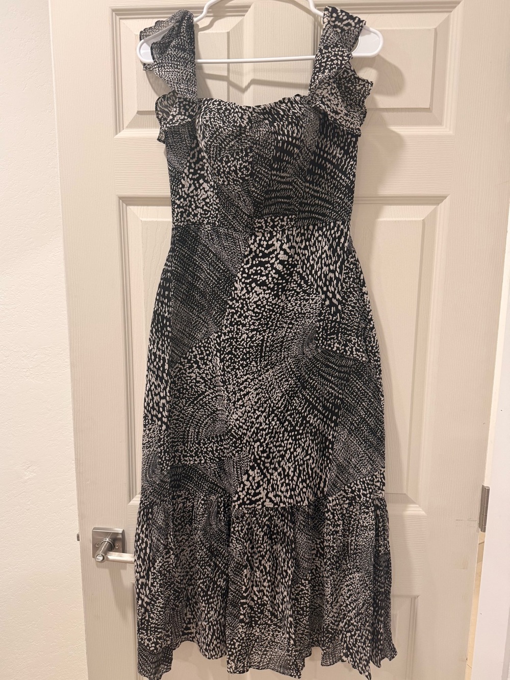 BCBGMaxAzria Black and White Patterned Ruffle-Shoulder Midi Dress